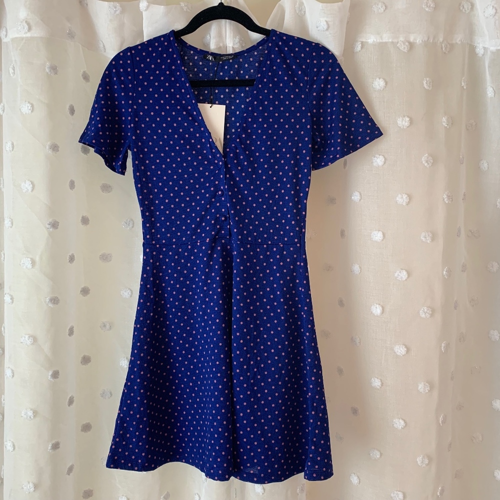 Zara Blue Pink Polka Dot Mini Dress